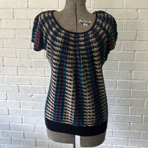 Black Saks Fifth Avenue multi colored geometric design short sleeve sweater, L.
